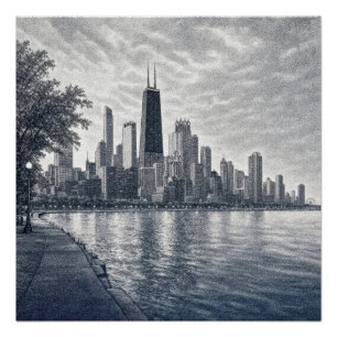 Pôster Horizonte de Chicago em Arte Pontilhista