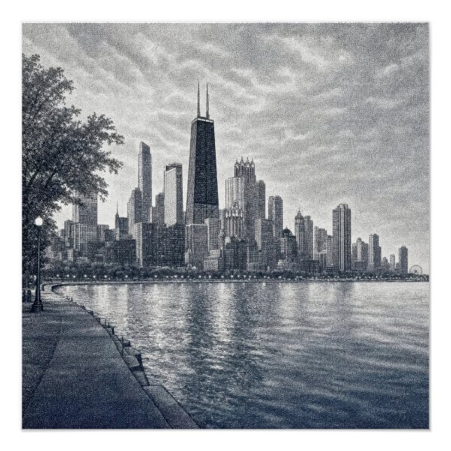 Pôster Horizonte de Chicago em Arte Pontilhista (Frente)