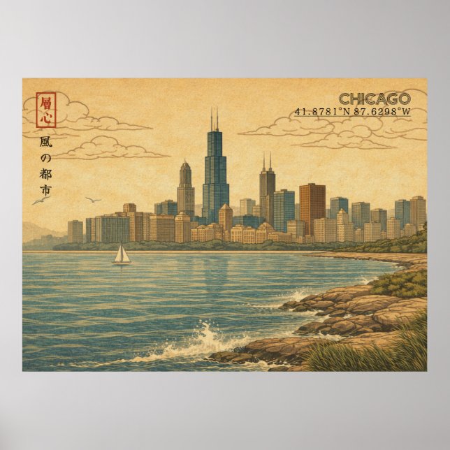 Poster Horizonte de Chicago em Ukiyo-e Japonês (Frente)