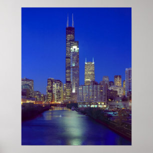 Poster Horizonte de Chicago, Illinois, à noite com Chicag
