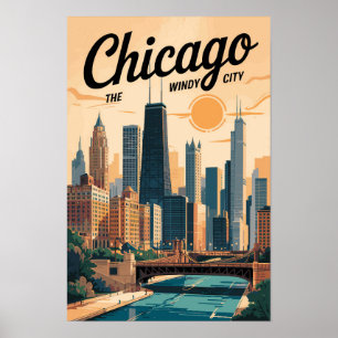 Poster Horizonte de Chicago Illinois Viagem Arte Vintage