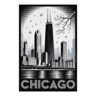 Pôster Horizonte de Chicago Illinois Xilogravura Preto Br