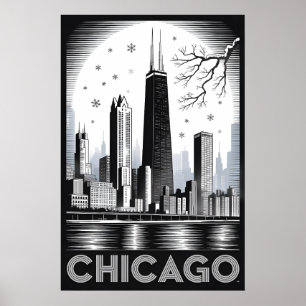 Poster Horizonte de Chicago Illinois Xilogravura Preto Br