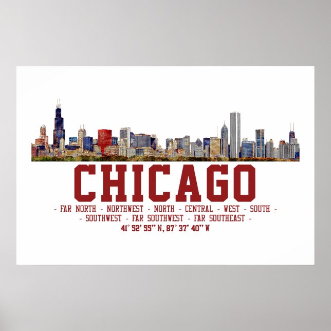 Poster Horizonte de Chicago. Nomes de Áreas e Coordenadas (Frente)