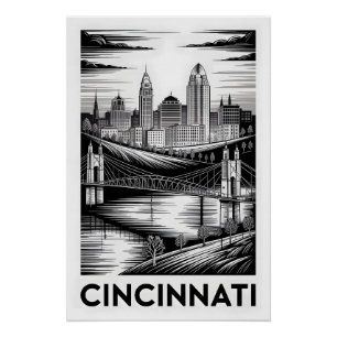Pôster Horizonte de Cincinnati Ohio Preto e Branco Xilogr