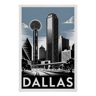 Pôster Horizonte de Dallas Texas Preto Branco Xilogravura