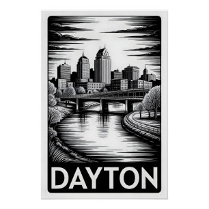 Pôster Horizonte de Dayton Ohio Preto Branco Xilogravura