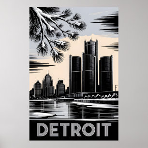 Poster Horizonte de Detroit em Preto e Branco no Estilo X