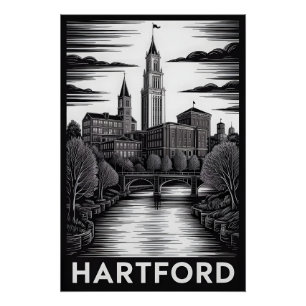 Pôster Horizonte de Hartford Connecticut em Preto e Branc