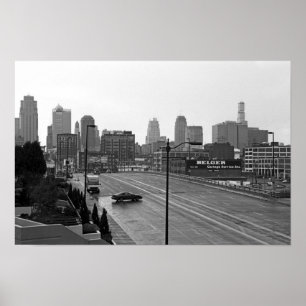 Pôster Horizonte de Kansas City Downtown–Foto Preto e Bra
