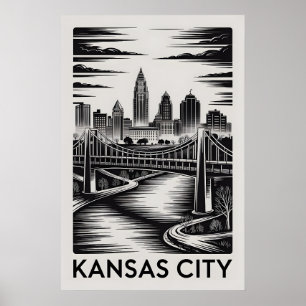 Poster Horizonte de Kansas City Missouri em Preto e Branc