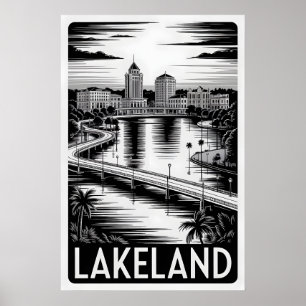 Poster Horizonte de Lakeland Flórida Preto e Branco Xilog
