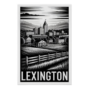 Pôster Horizonte de Lexington Kentucky Preto Branco Xilog