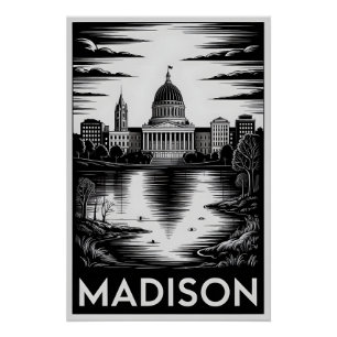 Pôster Horizonte de Madison Wisconsin em Xilogravura Pret