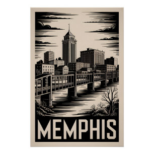 Pôster Horizonte de Memphis Tennessee Preto Branco Xilogr