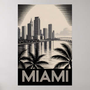 Poster Horizonte de Miami Flórida em Preto e Branco Xilog
