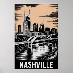 Poster Horizonte de Nashville Tennessee Preto e Branco Xi