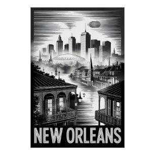 Pôster Horizonte de Nova Orleans Louisiana Xilogravura Pr