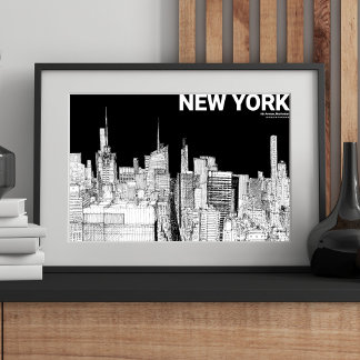 Poster Horizonte de NYC Preto Branco Desenho Mate
