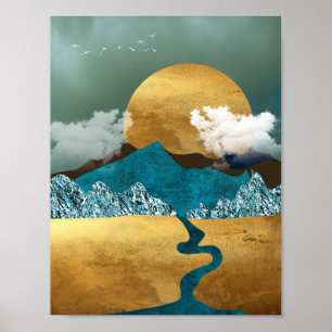Poster Horizonte de ouro com Montanhas Azuis