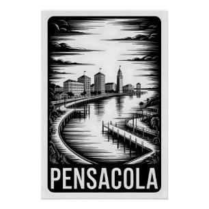 Pôster Horizonte de Pensacola Flórida Xilogravura Preto e