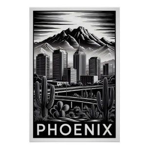 Pôster Horizonte de Phoenix Arizona Preto Branco Xilograv