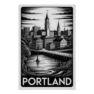 Pôster Horizonte de Portland Maine Preto e Branco Xilogra