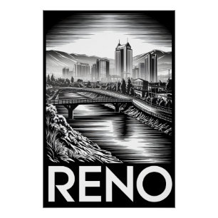 Pôster Horizonte de Reno Nevada Preto Branco Xilogravura