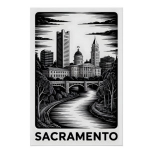 Pôster Horizonte de Sacramento Califórnia Xilogravura Pre