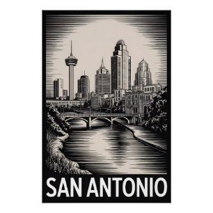 Pôster Horizonte de San Antonio Texas Preto e Branco Xilo