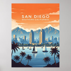 Poster Horizonte de San Diego antigo com veleiros