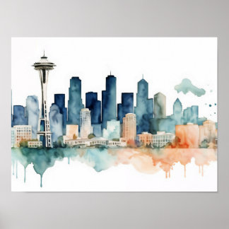 Poster Horizonte de Seattle em tons de aquarela