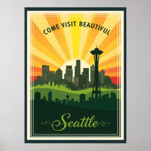 Poster Horizonte de Seattle retrô com agulha espacial ao