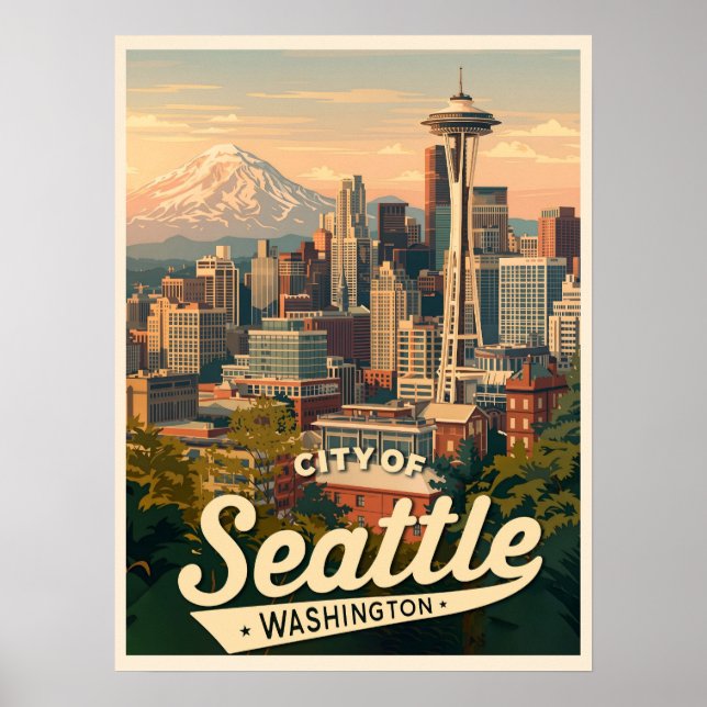 Poster Horizonte de Seattle – Space Needle & Monte Rainie (Frente)