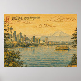 Poster Horizonte de Seattle Washington em Ukiyo-e japonês