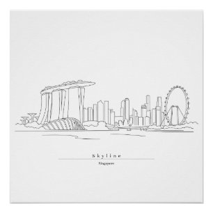 Pôster Horizonte de Singapura Minimalista Arte de Linha