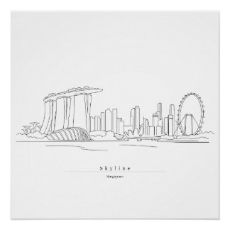 Pôster Horizonte de Singapura Minimalista Arte de Linha |