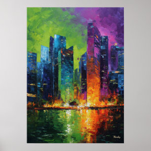 Poster Horizonte de Singapura Neoexpressionista Pôr do So