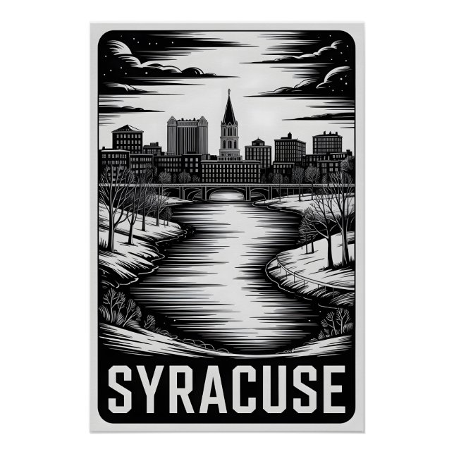 Pôster Horizonte de Syracuse Nova York Preto e Branco Xil (Frente)