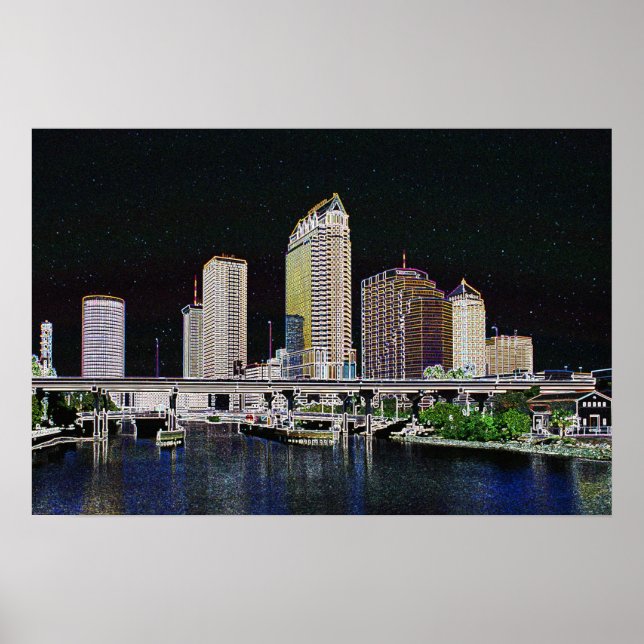 Poster Horizonte de Tampa, Flórida, com luzes de neon (Frente)