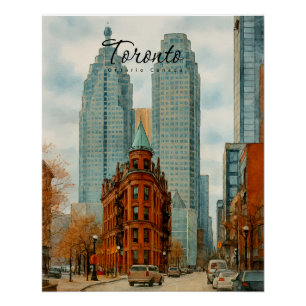 Pôster Horizonte de Toronto Canadá Aquarela Vintage
