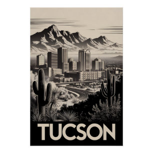 Pôster Horizonte de Tucson Arizona Preto e Branco Xilogra