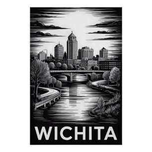 Pôster Horizonte de Wichita Kansas Preto e Branco Xilogra