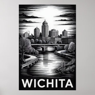 Poster Horizonte de Wichita Kansas Preto e Branco Xilogra