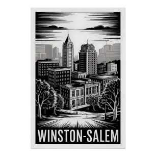 Pôster Horizonte de Winston-Salem NC Preto Branco Xilogra