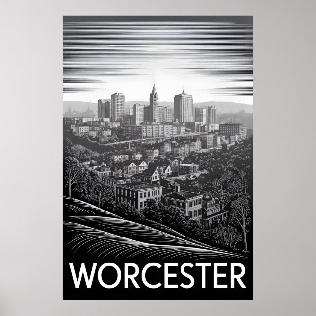 Poster Horizonte de Worcester Massachusetts Preto Branco  (Frente)