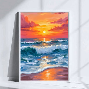 Poster Horizonte Derretido Ondas do Oceano Pôr do Sol A