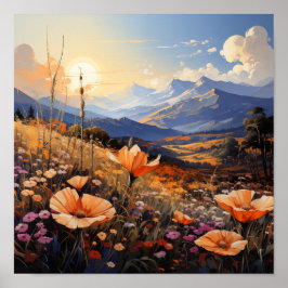 Poster Horizonte ouro, Campo de Flores Selvagem e Montanh