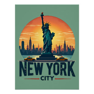 Pôster Horizonte Retro da Cidade de Nova York com Estátua
