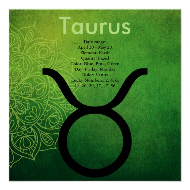 Pôster Horoscópio - Símbolo Astrologico Zodíaco Taurus Po (Frente)